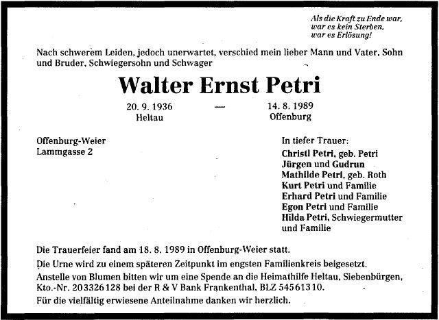 Petri Ernst Walter 1936-1989 Todesanzeige